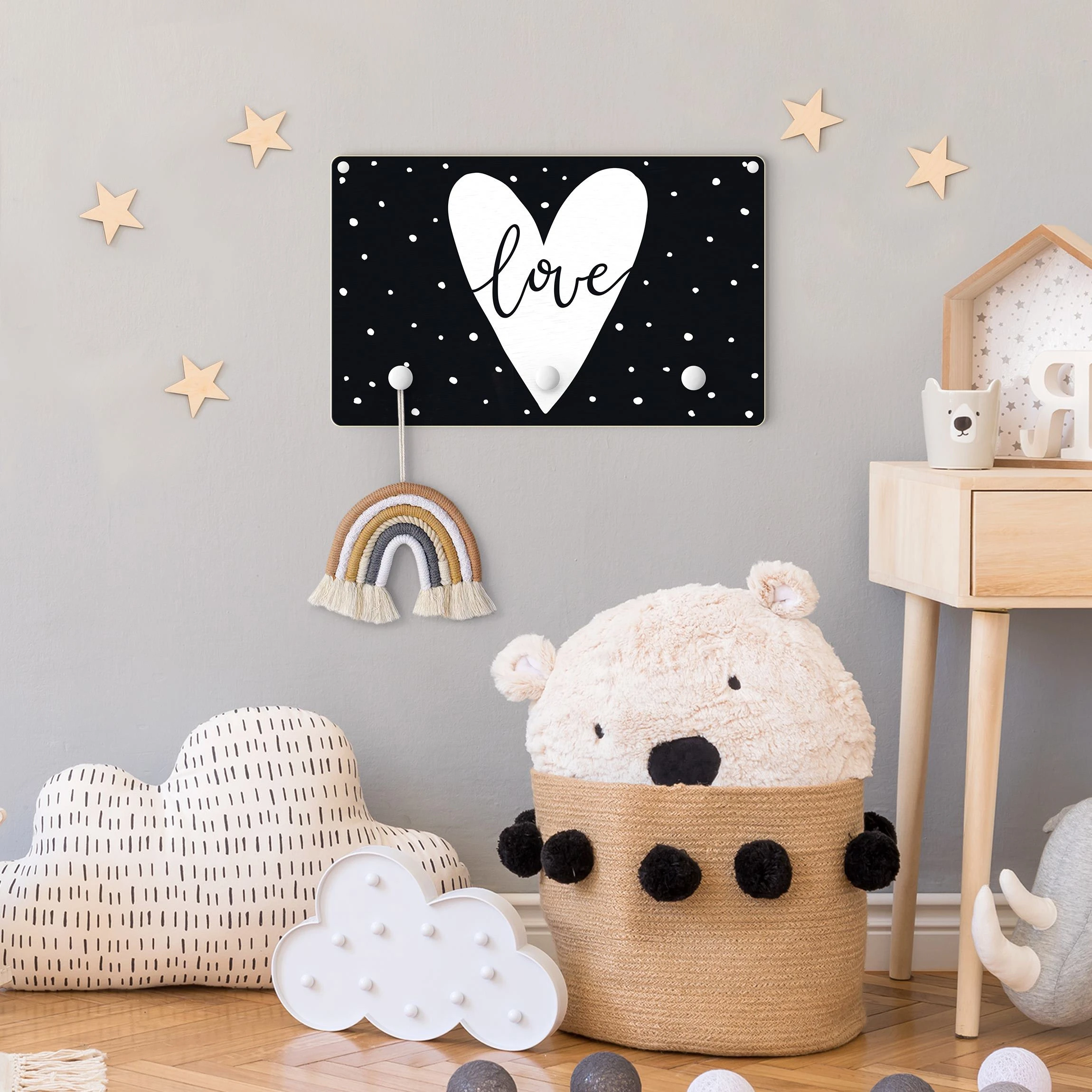 WallArt Kindergarderobe Holz - Love Im Herz Mit Punkten In Schwarz-Weiß - Image 4