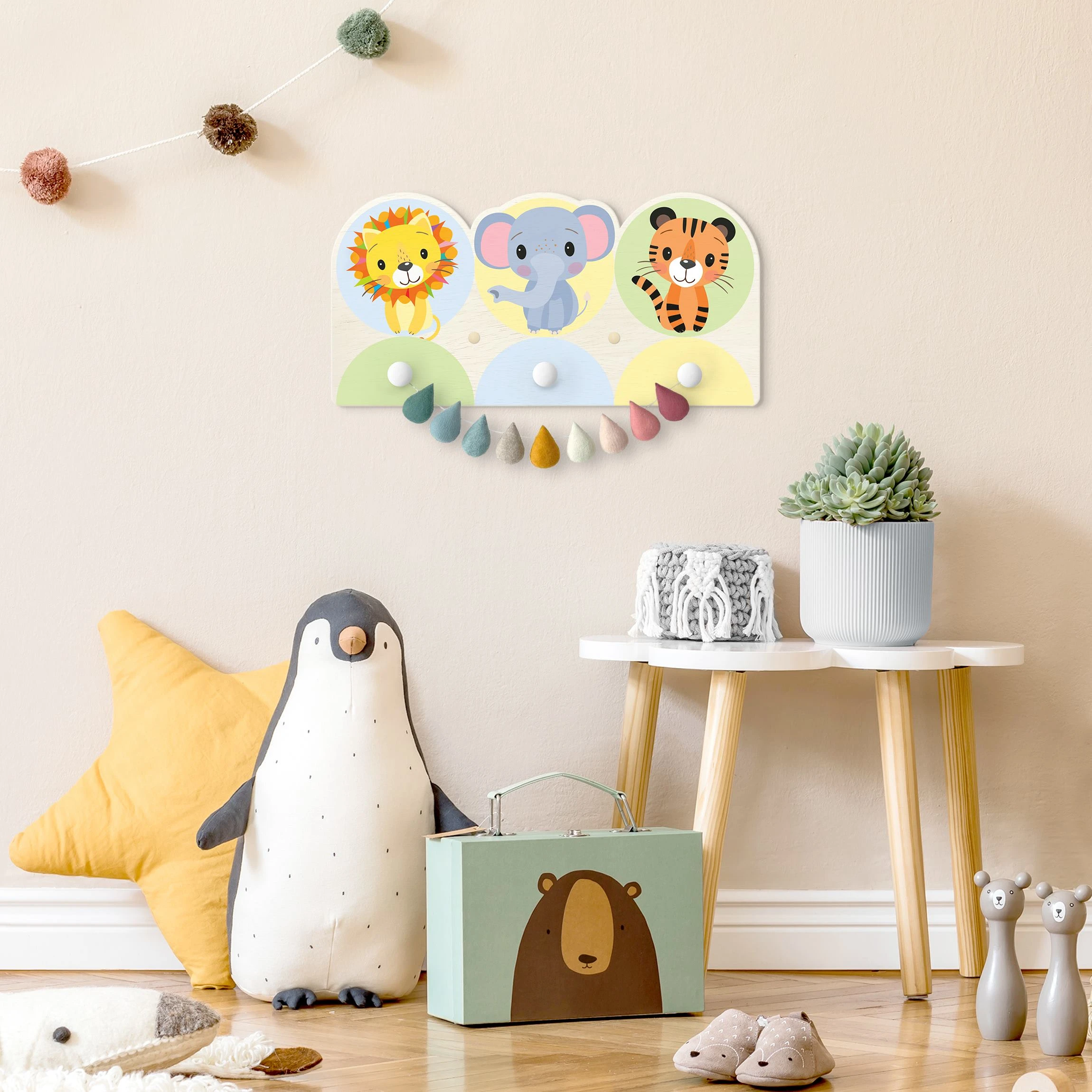WallArt Kindergarderobe Holz - Löwe Elefant Tiger In Pastell - Image 3