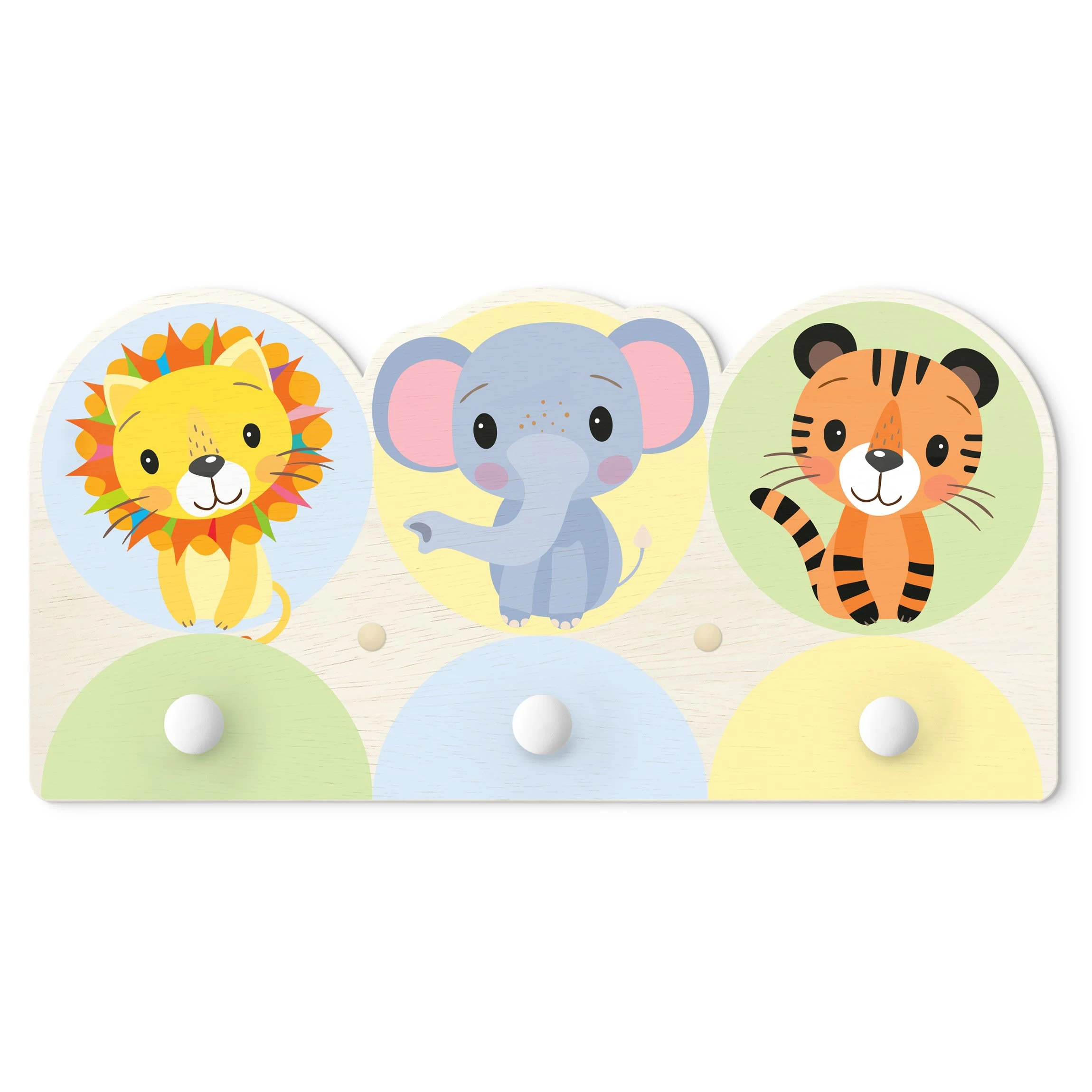 WallArt Kindergarderobe Holz - Löwe Elefant Tiger In Pastell