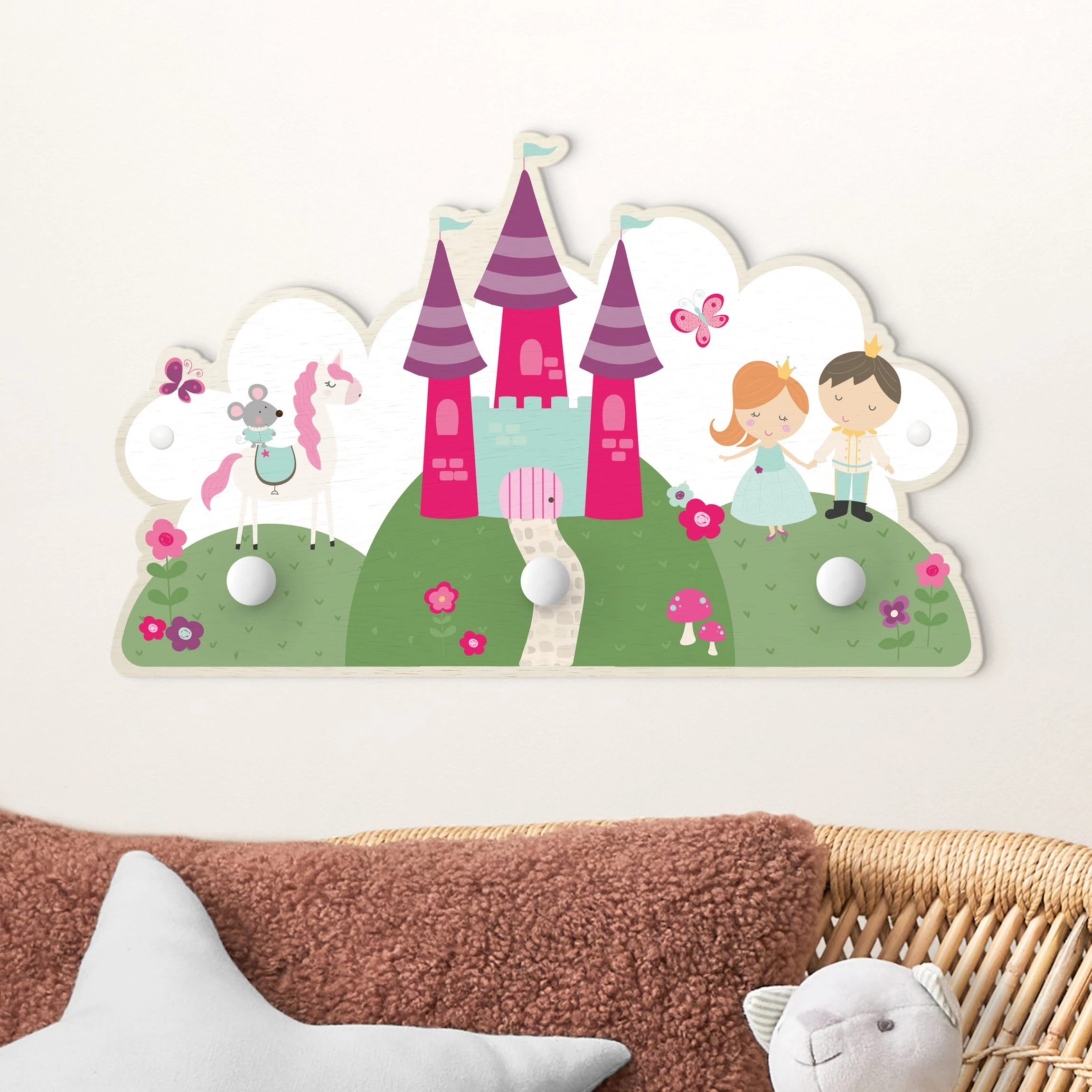 WallArt Kindergarderobe Holz - MĂ€rchenschloss Mit Prinz Und Prinzessin In Pink - Image 2