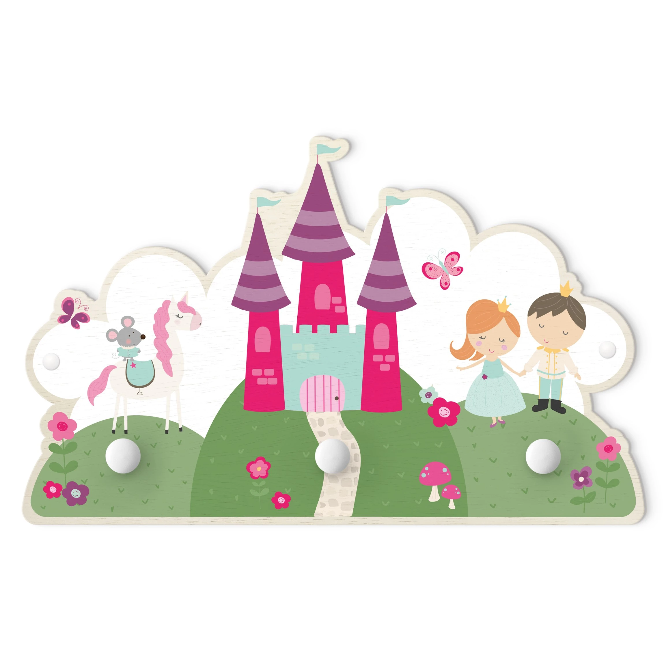 WallArt Kindergarderobe Holz - MĂ€rchenschloss Mit Prinz Und Prinzessin In Pink