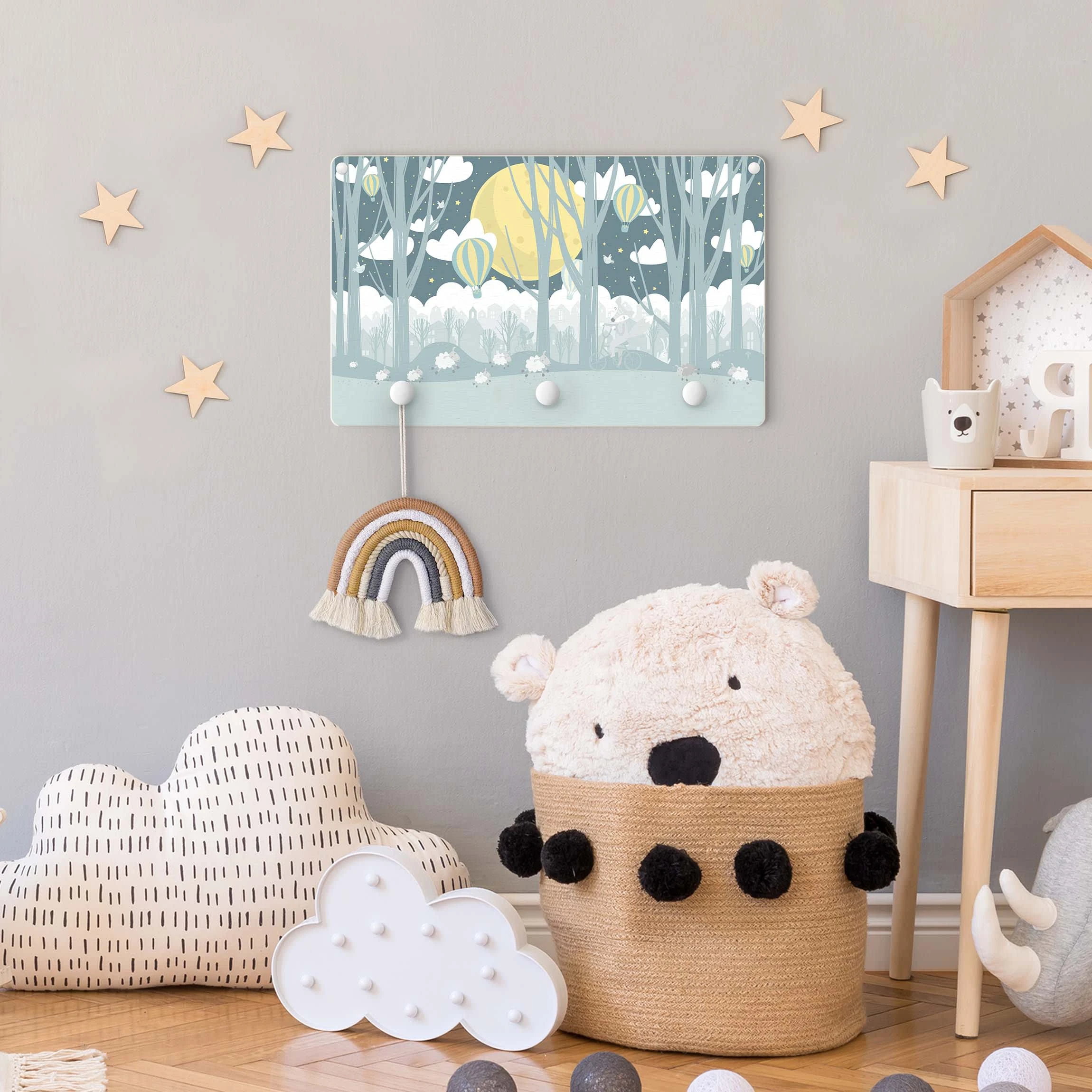 WallArt Kindergarderobe Holz - Mond Mit Bäumen Und Häusern In Blau - Image 4