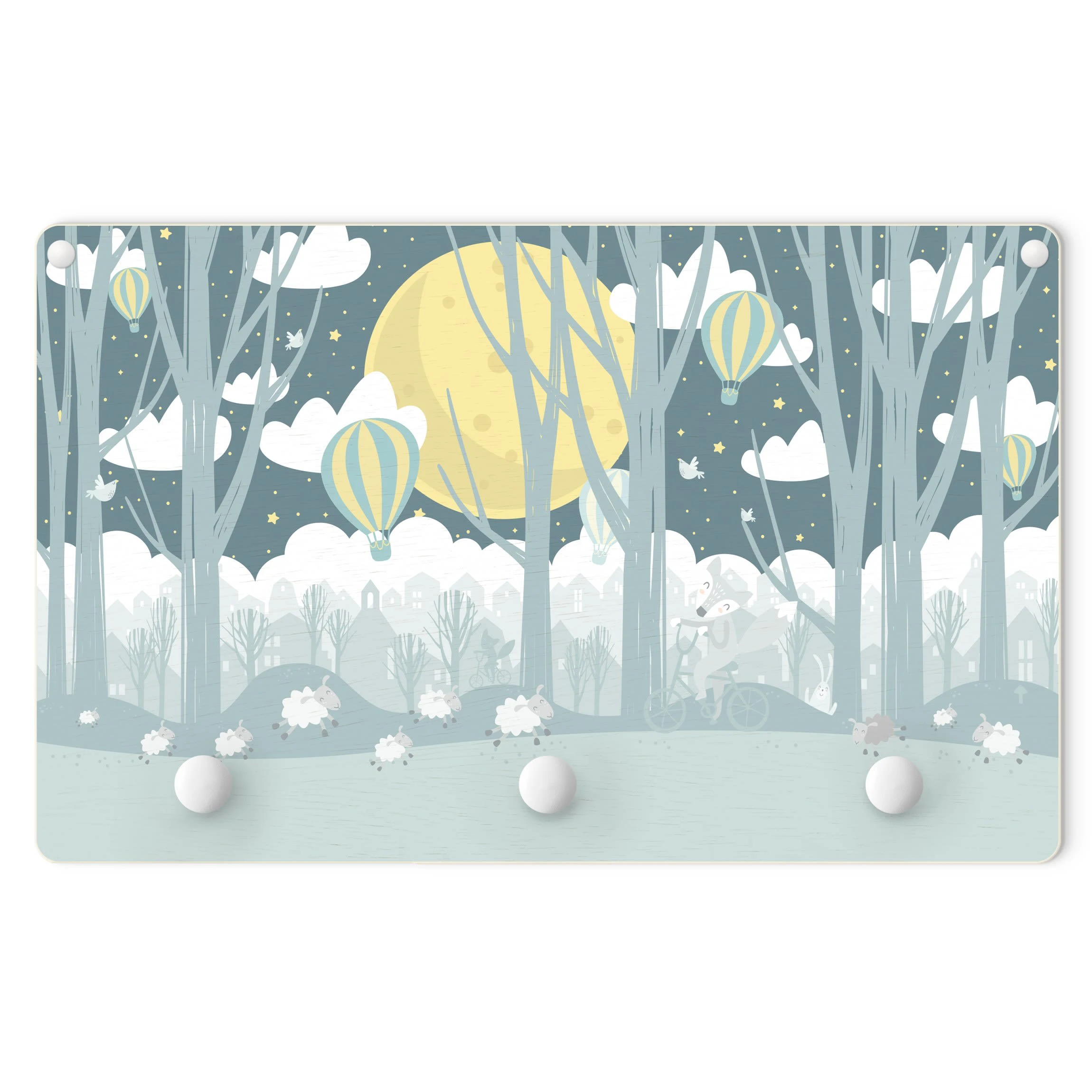 WallArt Kindergarderobe Holz - Mond Mit Bäumen Und Häusern In Blau