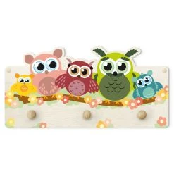 WallArt Kindergarderobe Holz - No.CG216 Eulenfamilie In Bunt
