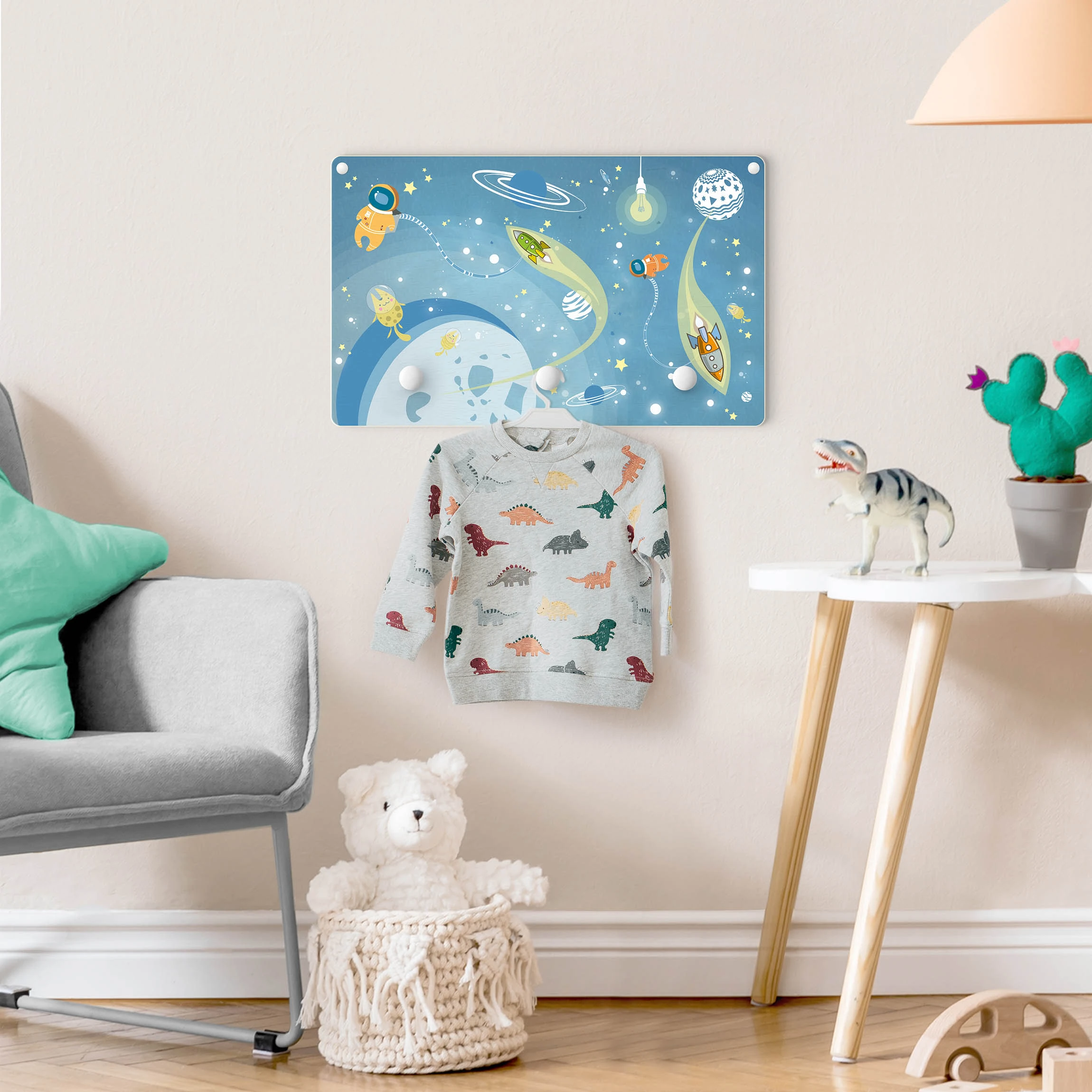 WallArt Kindergarderobe Holz - No.MW16 Buntes Weltraumtreiben In Blau - Image 3