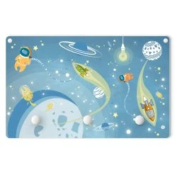 WallArt Kindergarderobe Holz - No.MW16 Buntes Weltraumtreiben In Blau