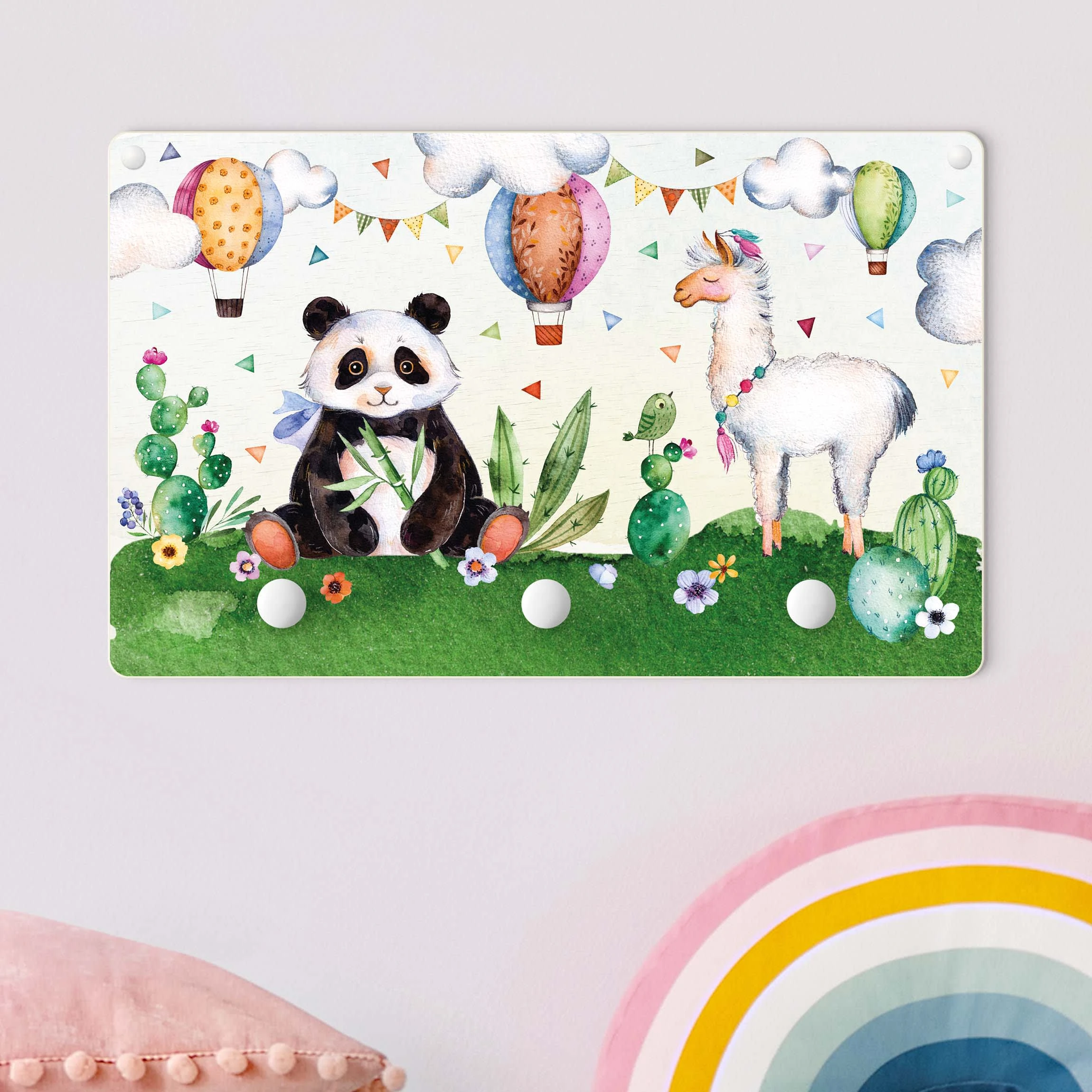 WallArt Kindergarderobe Holz - Panda Und Lama Aquarell In Grün - Image 2