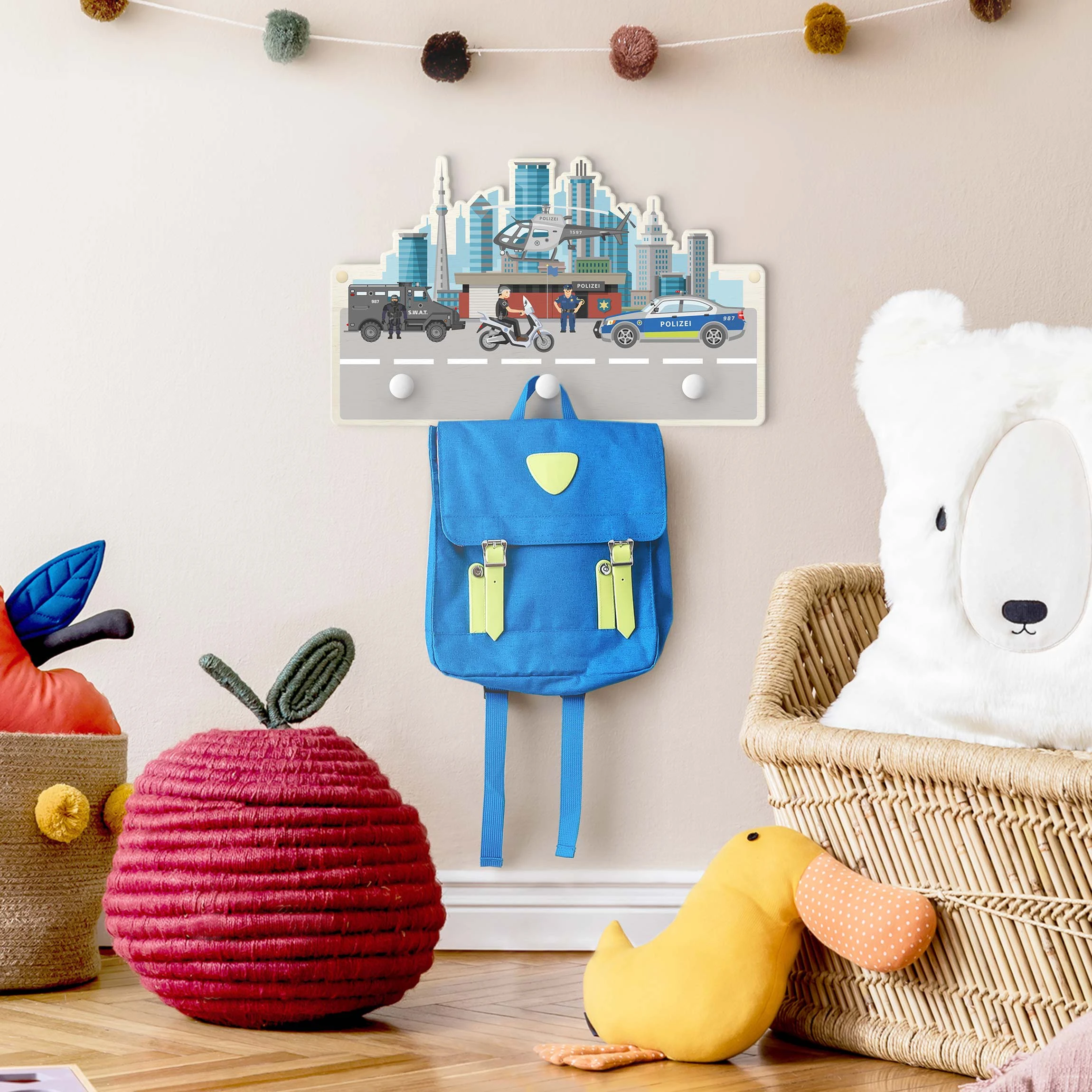 WallArt Kindergarderobe Holz - Polizei Und Polizeiautos In Bunt - Image 4