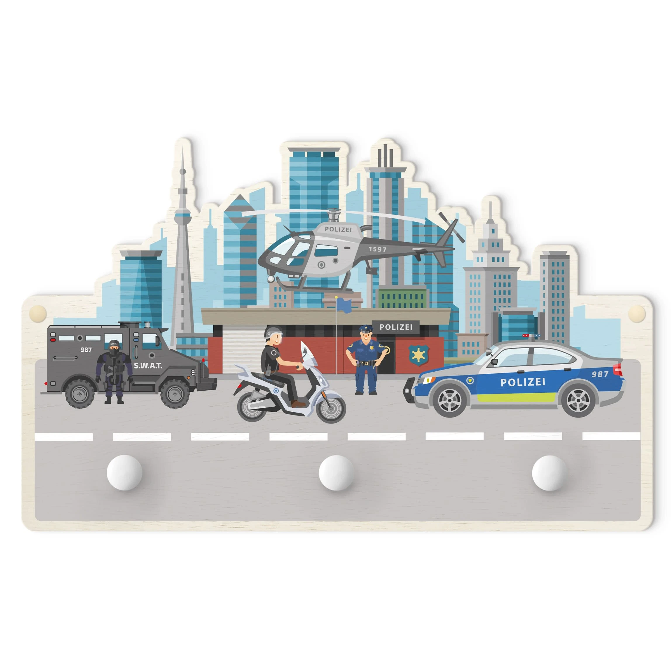 WallArt Kindergarderobe Holz - Polizei Und Polizeiautos In Bunt