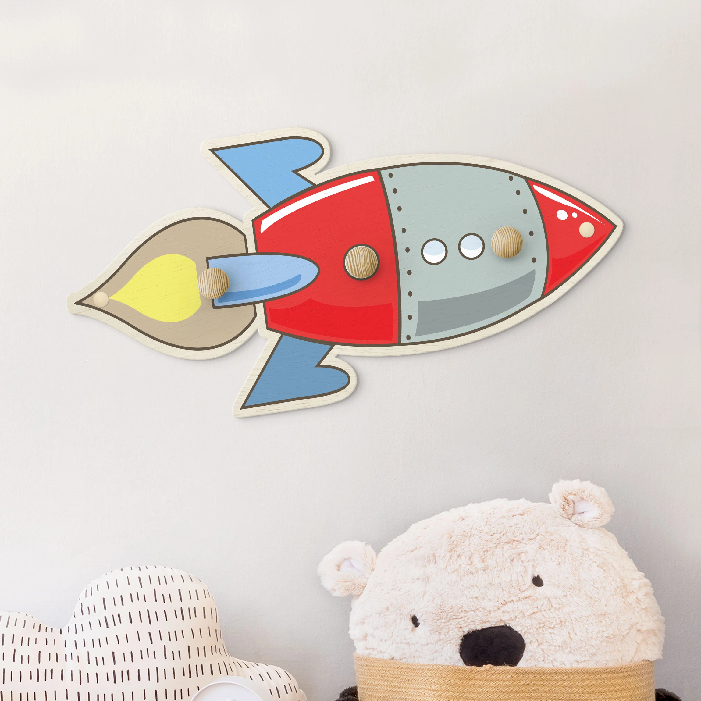 WallArt Kindergarderobe Holz - Rakete Rot Blau In Bunt - Image 2