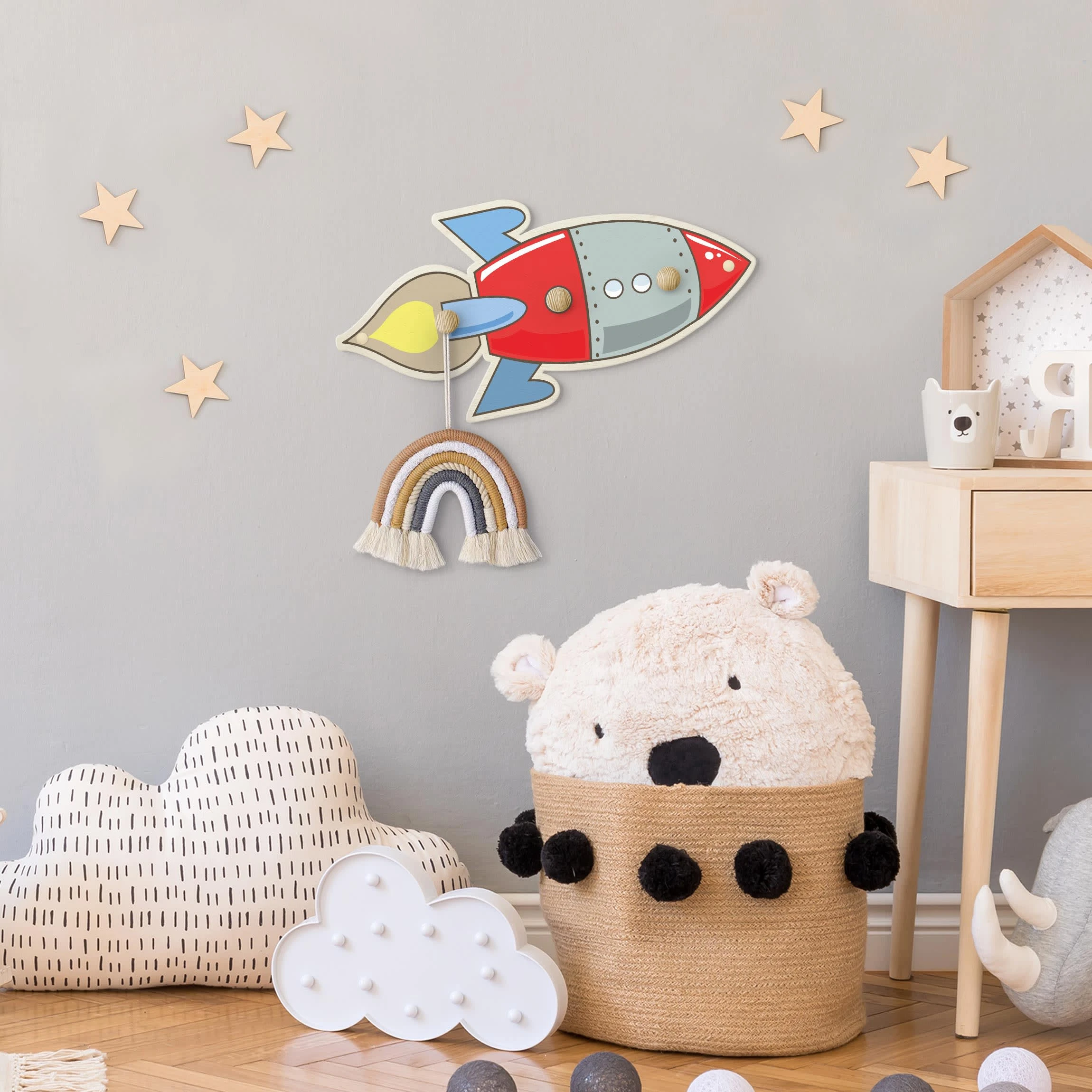 WallArt Kindergarderobe Holz - Rakete Rot Blau In Bunt - Image 3