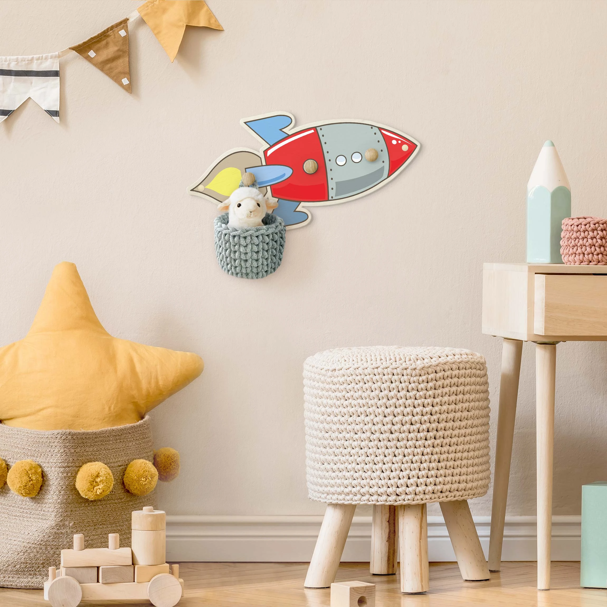 WallArt Kindergarderobe Holz - Rakete Rot Blau In Bunt - Image 4