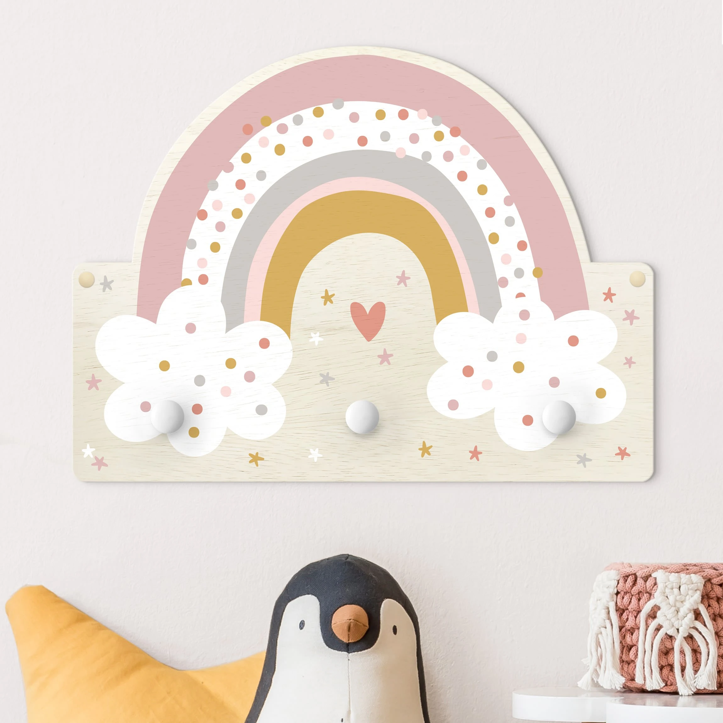 WallArt Kindergarderobe Holz - Regenbogen Mit Wolken Rosa In Rosa - Image 2