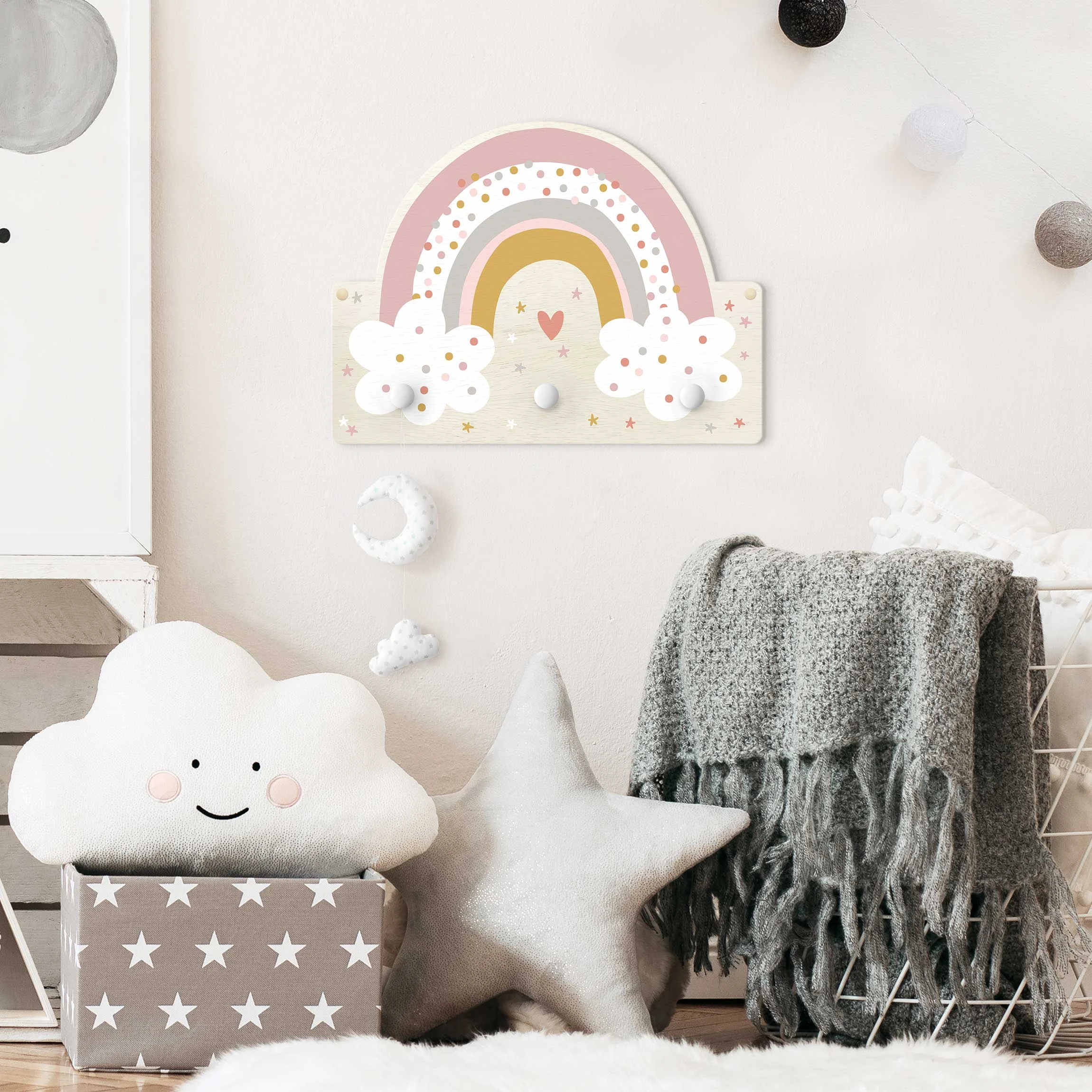 WallArt Kindergarderobe Holz - Regenbogen Mit Wolken Rosa In Rosa - Image 3