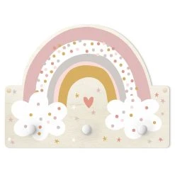 WallArt Kindergarderobe Holz - Regenbogen Mit Wolken Rosa In Rosa
