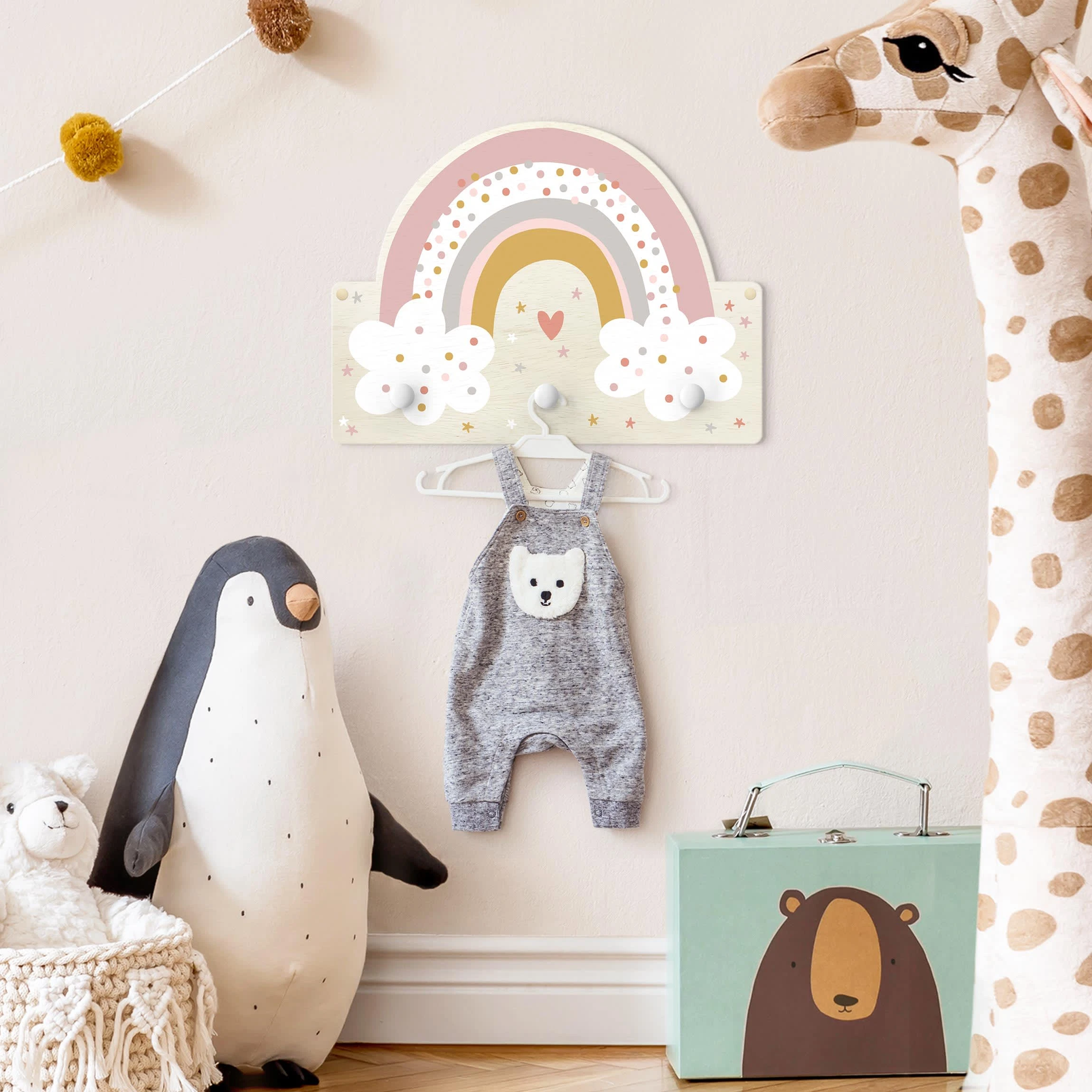 WallArt Kindergarderobe Holz - Regenbogen Mit Wolken Rosa In Rosa - Image 4