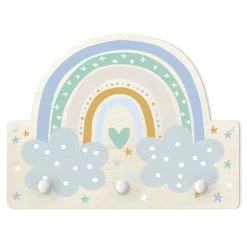 WallArt Kindergarderobe Holz - Regenbogen Mit Wolken Türkis In Pastell