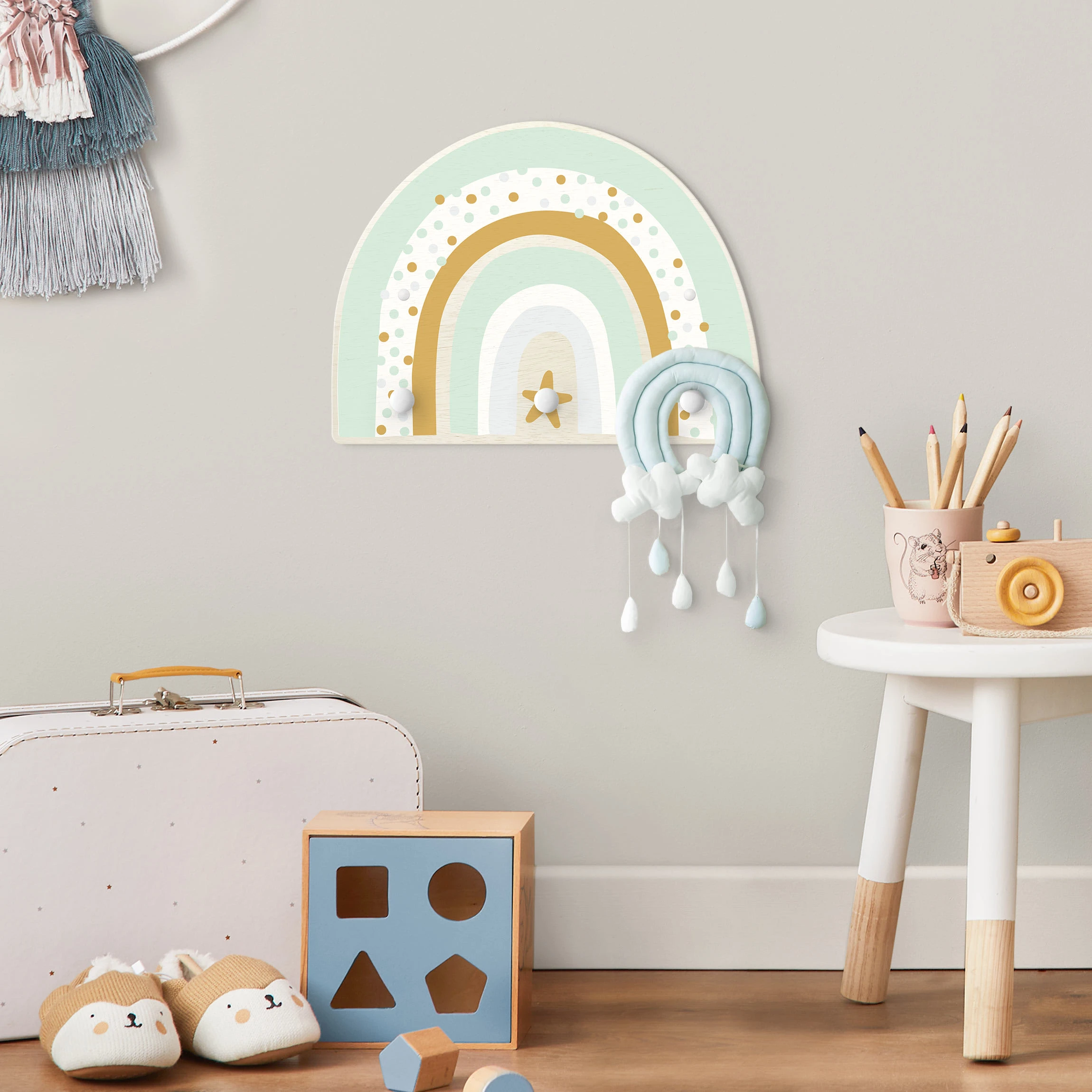 WallArt Kindergarderobe Holz - Regenbogen Punkte Stern Pastell In Pastell - Image 3