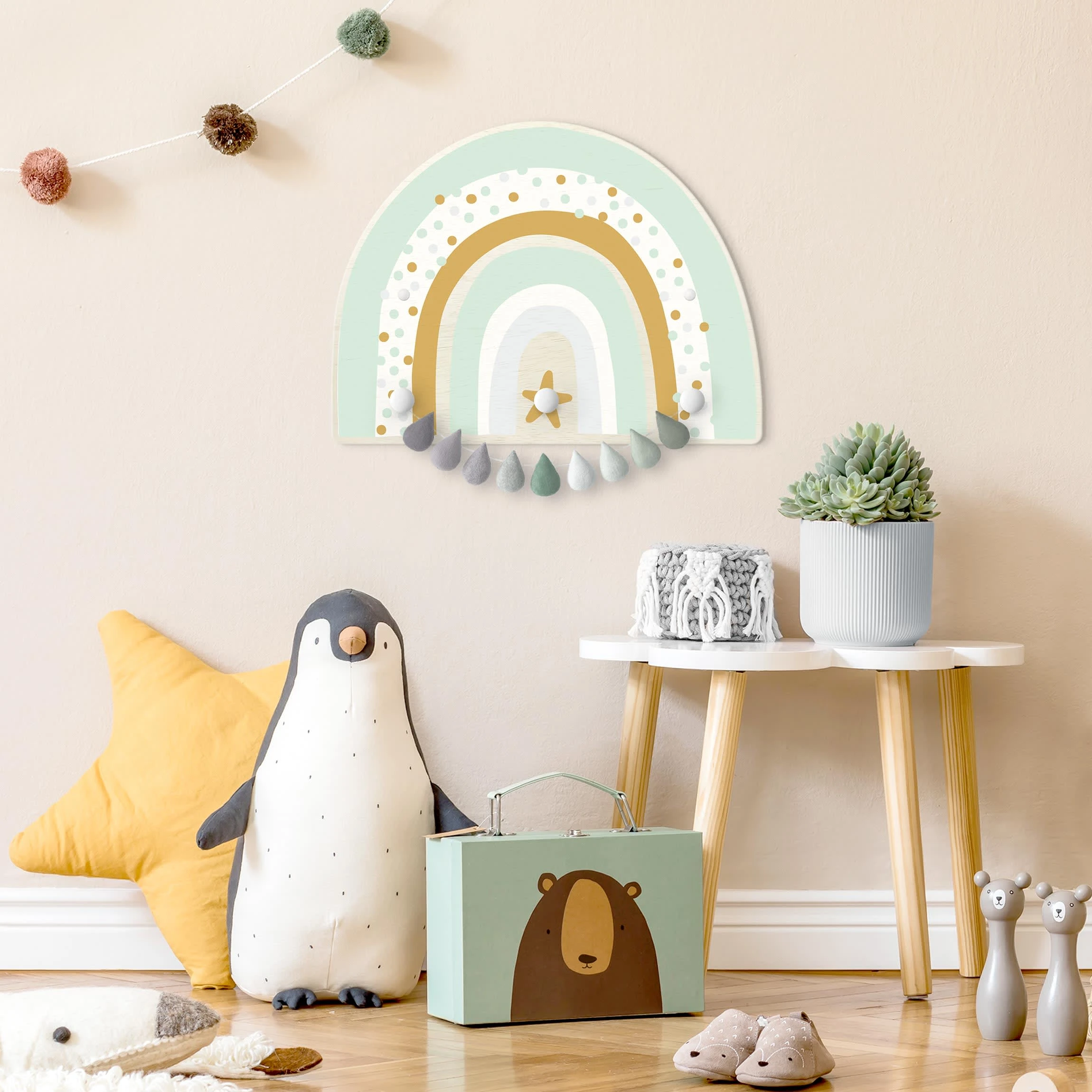 WallArt Kindergarderobe Holz - Regenbogen Punkte Stern Pastell In Pastell - Image 4