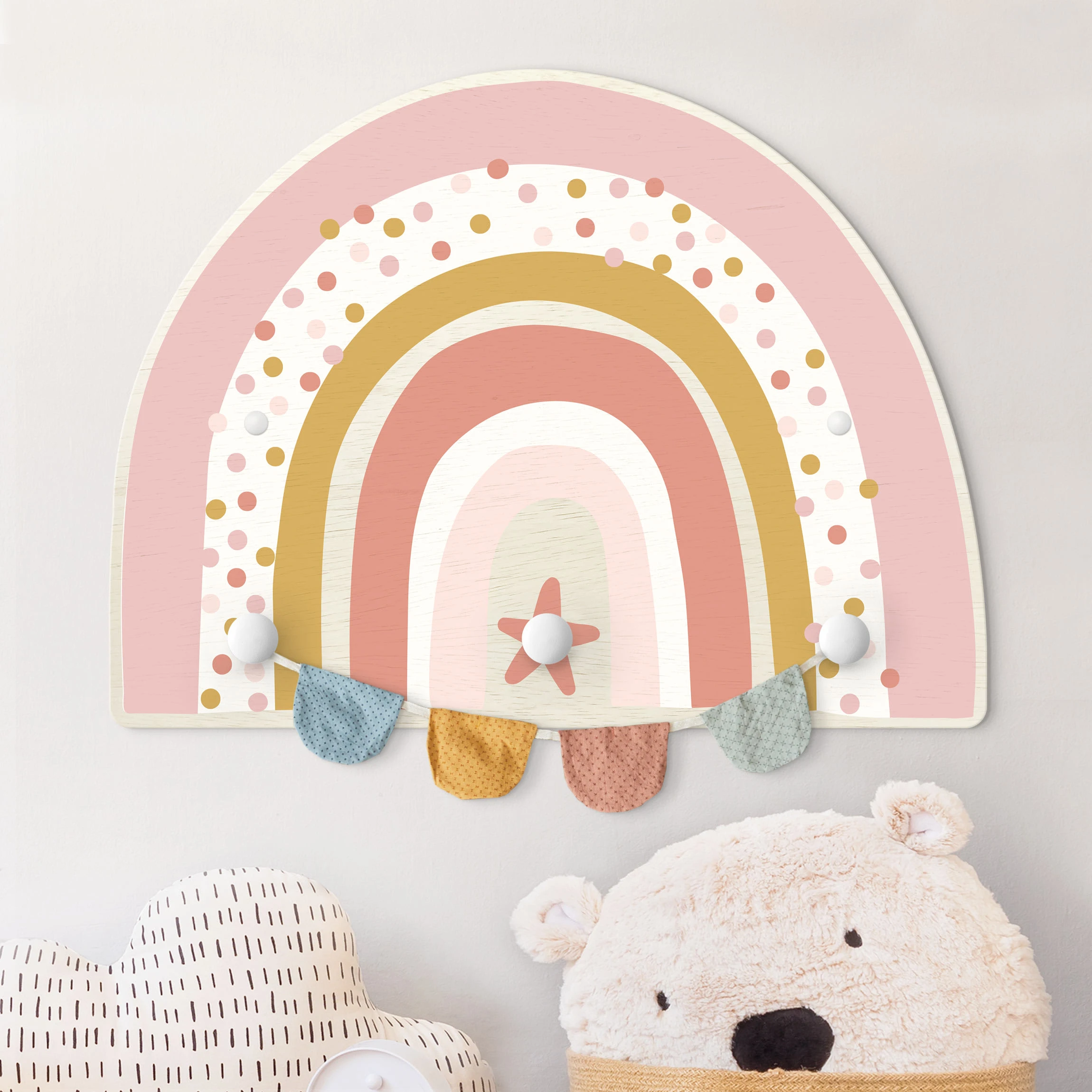 WallArt Kindergarderobe Holz - Regenbogen Punkte Stern Rosa In Rosa - Image 2