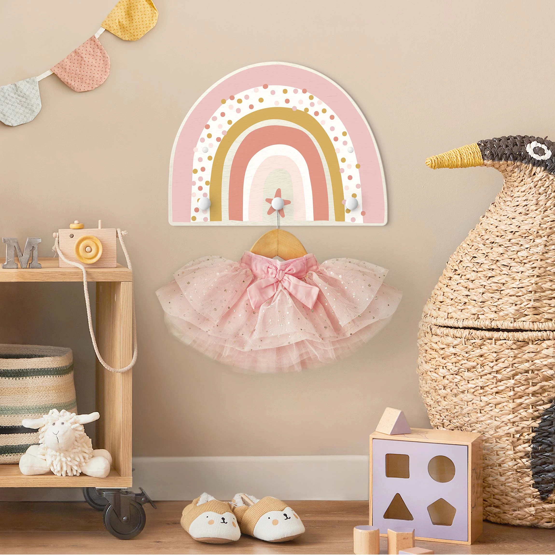 WallArt Kindergarderobe Holz - Regenbogen Punkte Stern Rosa In Rosa - Image 4