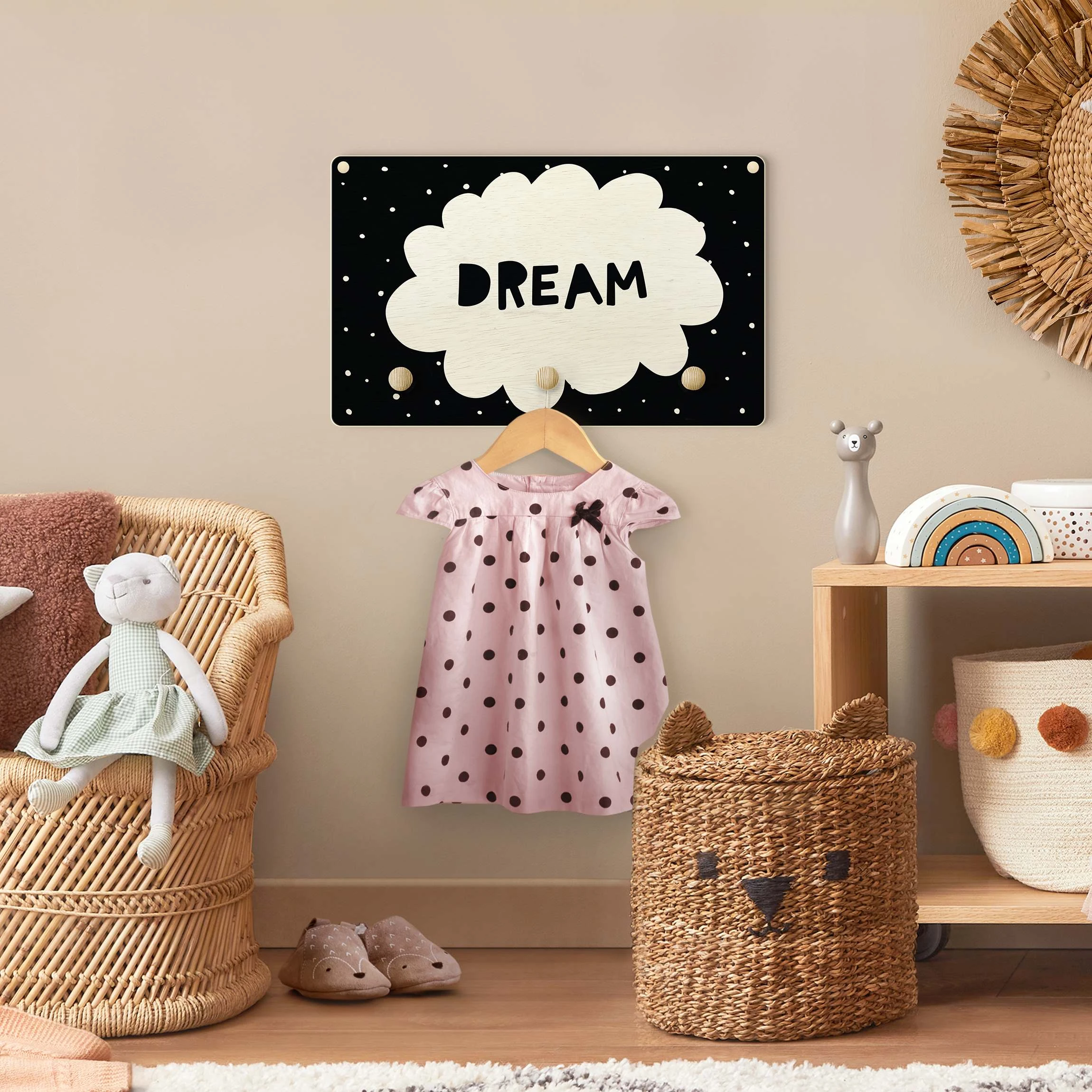 WallArt Kindergarderobe Holz - Spruch Dream Mit Wolke Schwarz In Schwarz - Image 3