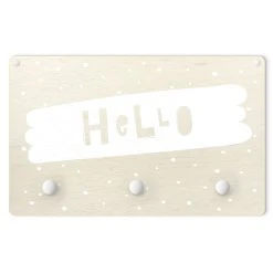 WallArt Kindergarderobe Holz - Spruch Hello Auf Pinselstrich Weiß In Weiß