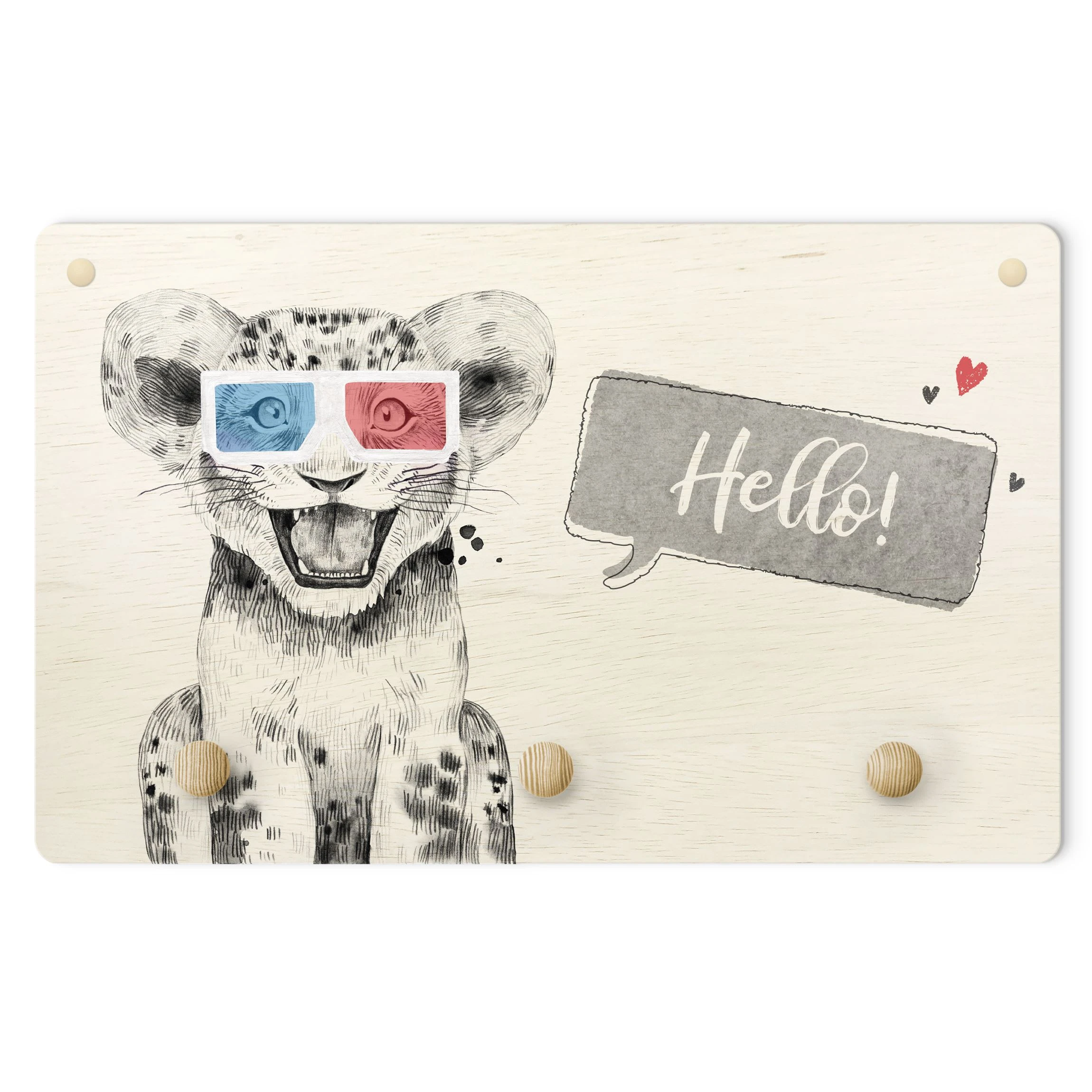 WallArt Kindergarderobe Holz - Spruch Hello Fröhliches Löwenbaby In Schwarz