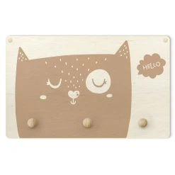 WallArt Kindergarderobe Holz - Spruch Hello Katzengesicht Natur In Creme-Beige