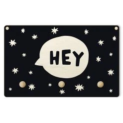WallArt Kindergarderobe Holz - Spruch Hey In Sprechblase Schwarz In Schwarz-Weiß