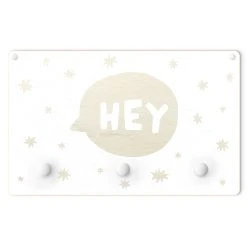 WallArt Kindergarderobe Holz - Spruch Hey In Sprechblase Weiß In Weiß