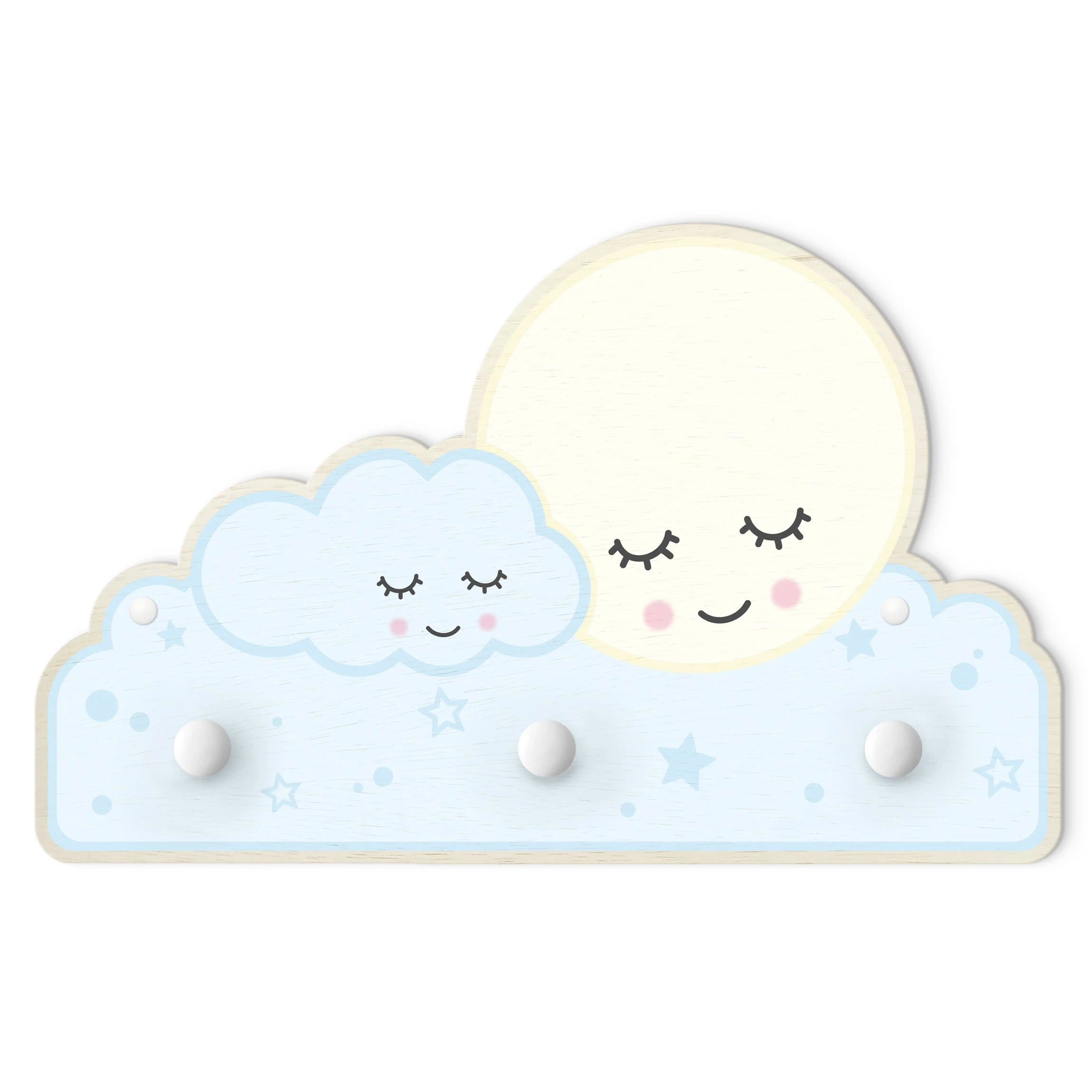 WallArt Kindergarderobe Holz - Sterne Mond Wolke Mit Schlafenden Augen In Pastell