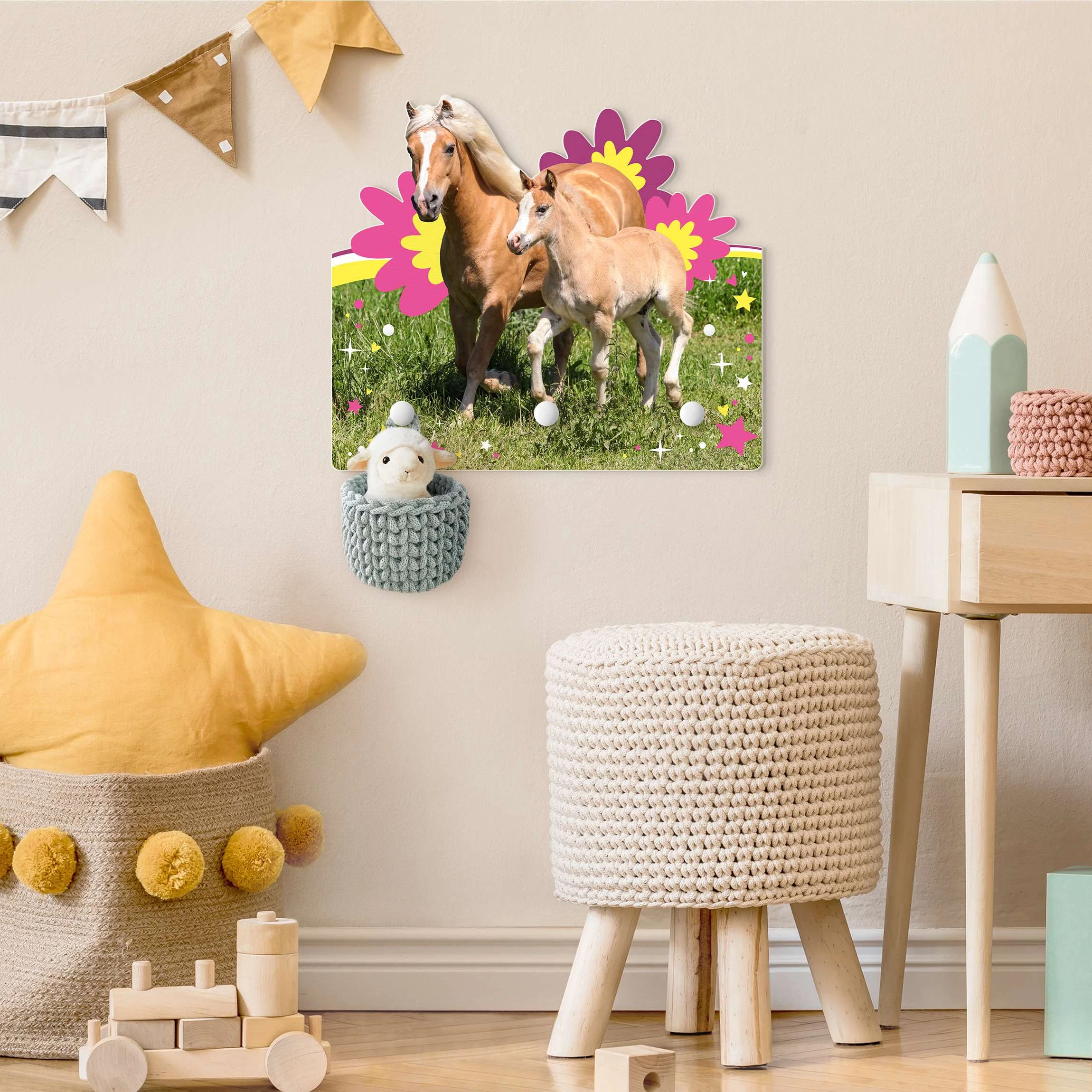 WallArt Kindergarderobe Holz - Stute Und Fohlen Im Galopp In Bunt - Image 4