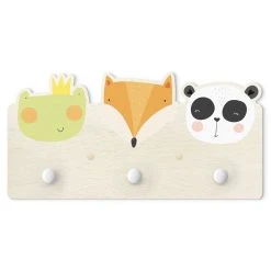 WallArt Kindergarderobe Holz - Süßer Zoo - Frosch Fuchs Und Panda In Grün