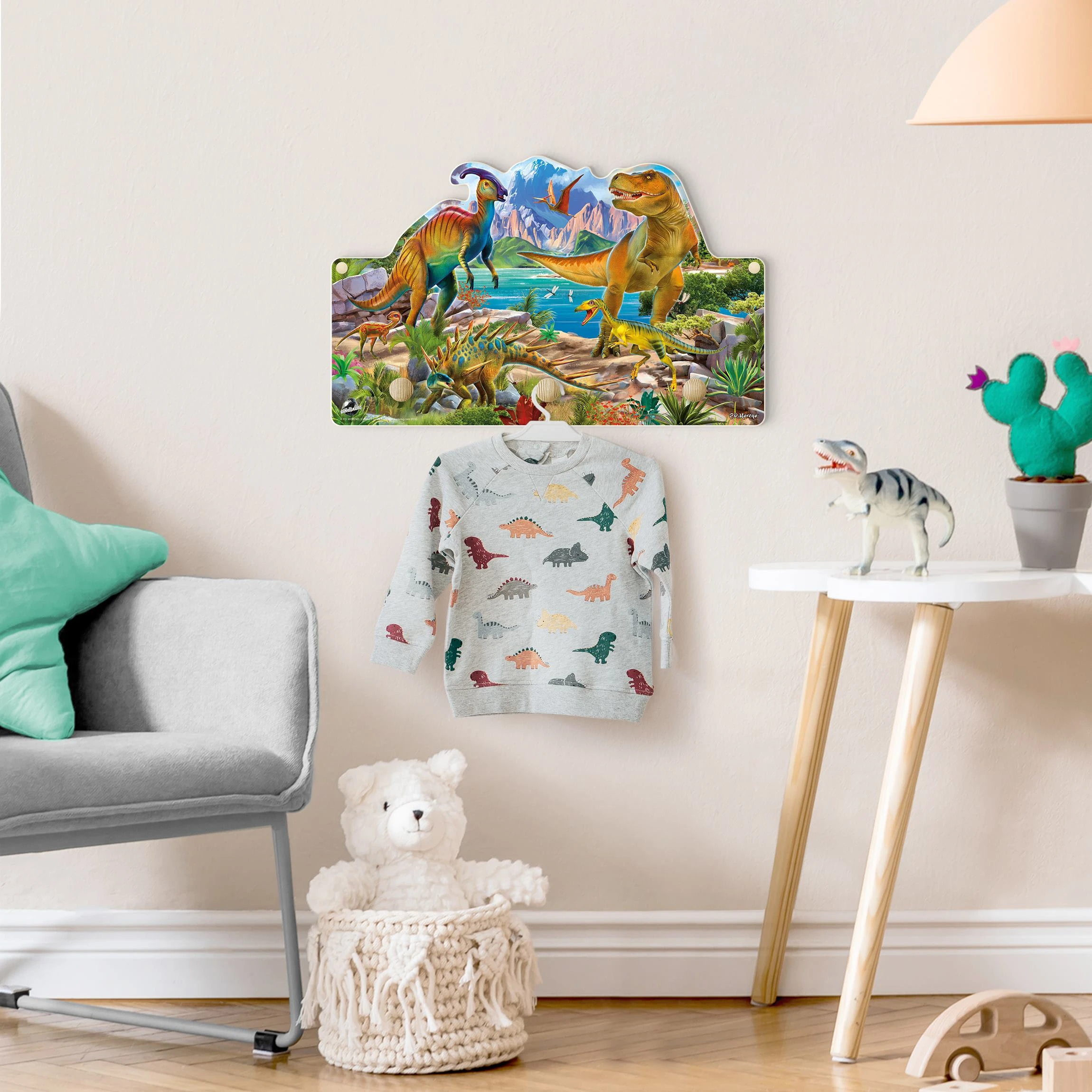 WallArt Kindergarderobe Holz - T-Rex Und Parasaurolophus In Bunt - Image 4