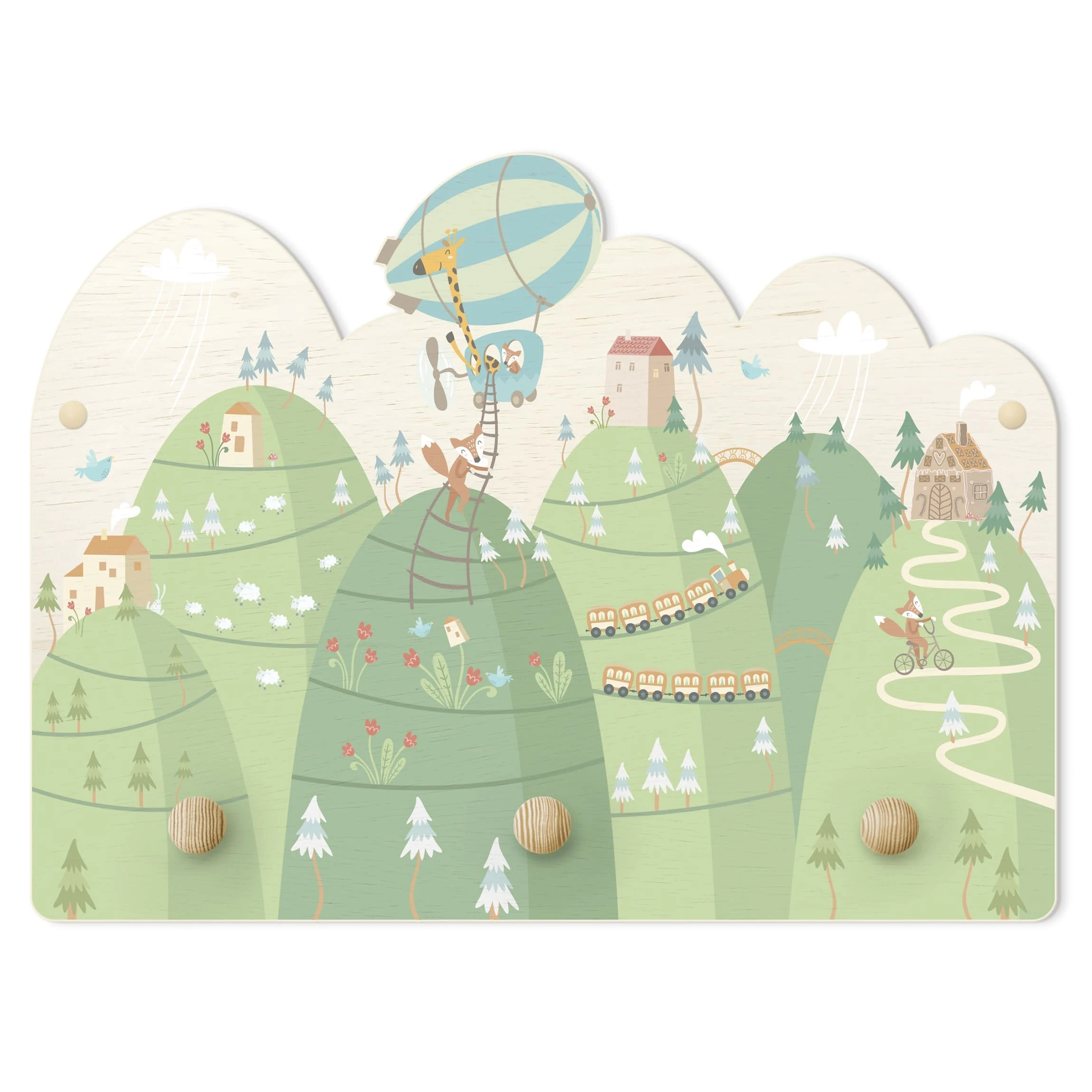 WallArt Kindergarderobe Holz - Wald Mit Häusern Und Tieren In Grün