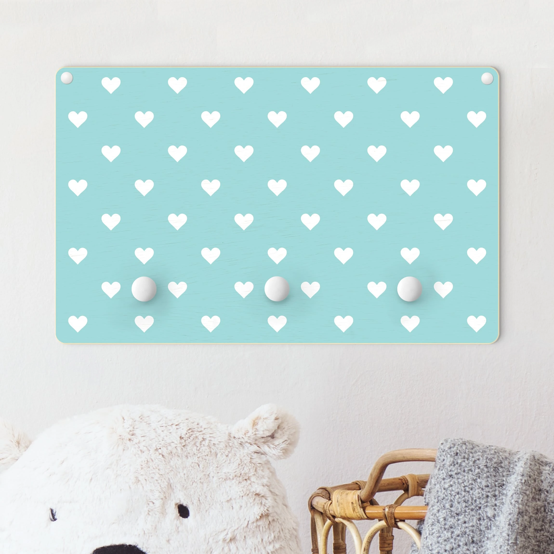 WallArt Kindergarderobe Holz - Weiße Herzen Auf Mint In Blau - Image 2