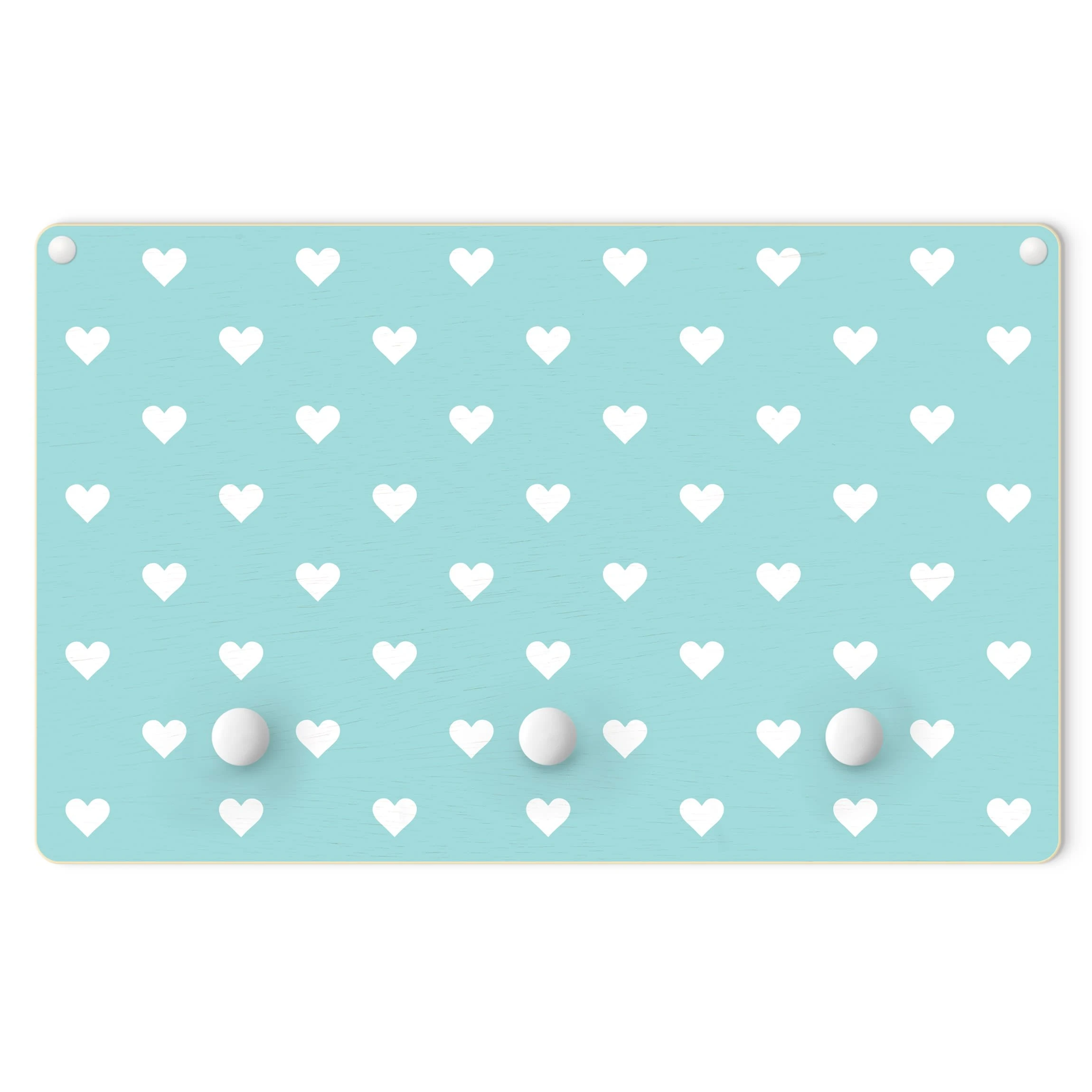 WallArt Kindergarderobe Holz - Weiße Herzen Auf Mint In Blau