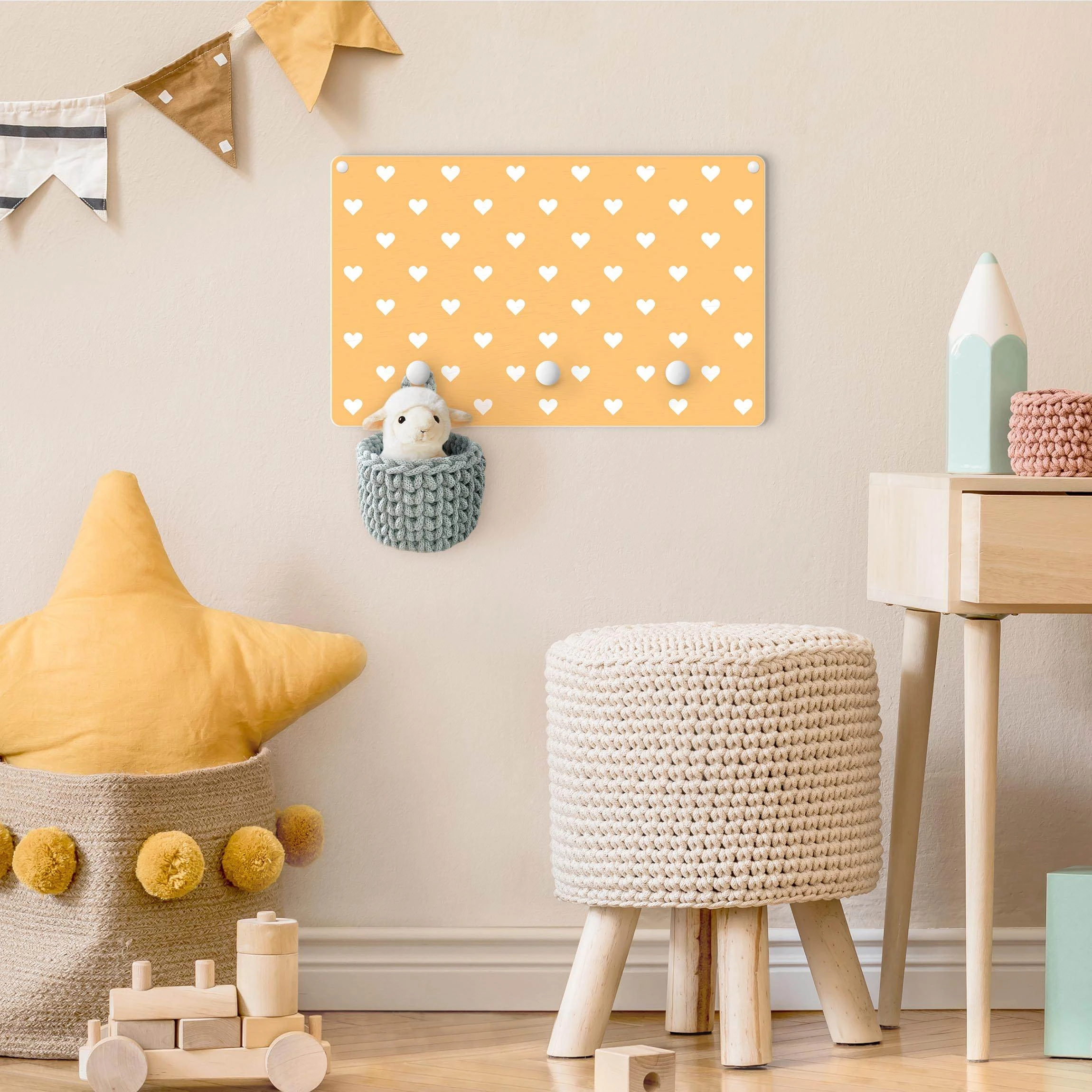 WallArt Kindergarderobe Holz - Weiße Herzen Auf Orange In Orange - Image 4