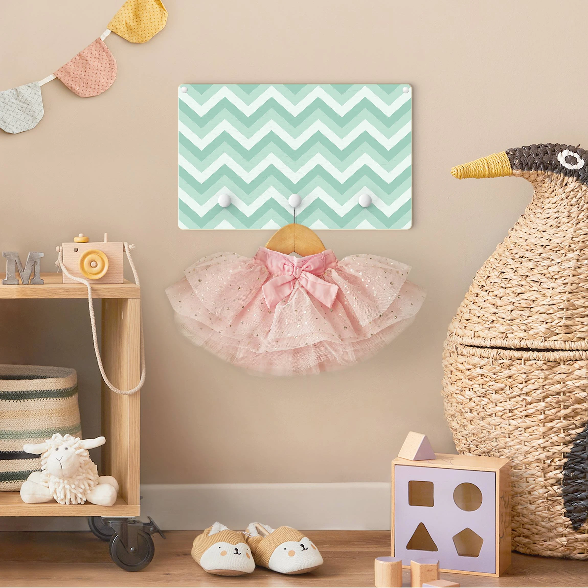 WallArt Kindergarderobe Holz - ZickZack Muster Grün In Grün - Image 3