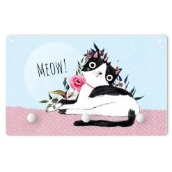 WallArt Kindergarderobe Holz - Zufriedenes Kätzchen Mit Spruch Meow In Bunt