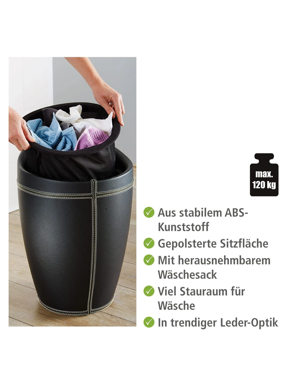 Wenko Hocker Candy Black In Lederoptik, Mit Wäschesack In Schwarz - Image 8