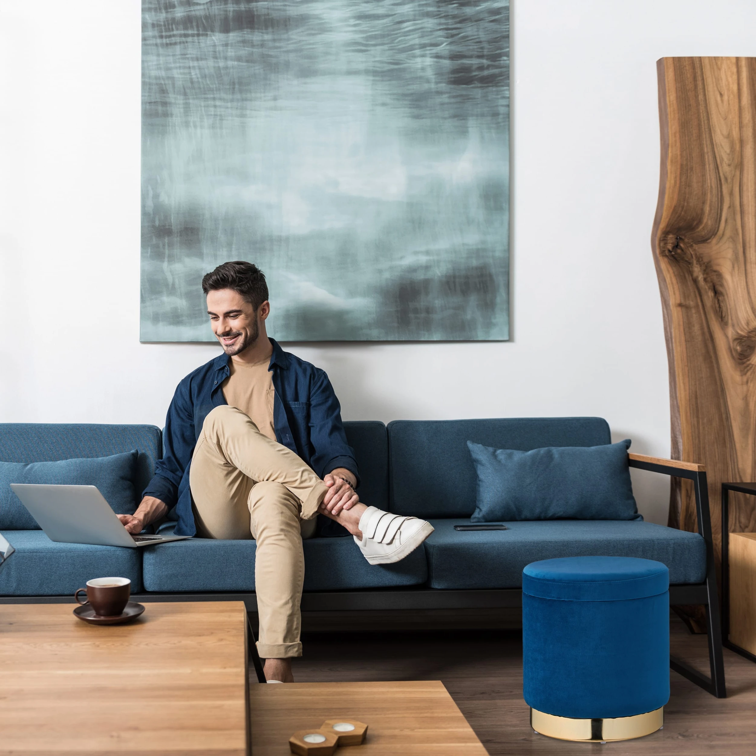 Relaxdays Samthocker In Blau/Gold - (H)41,5 X Ă 37 Cm â Bild 5